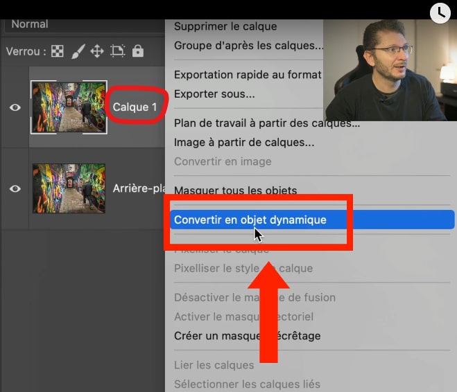 menu pour convertir un calque en objet dynamique
