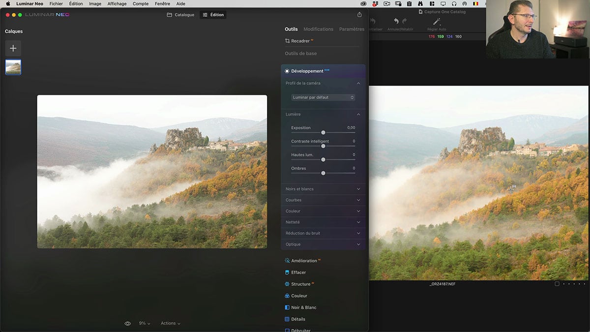comparaison de l'interprétation raw dans luminar neo par rapport à capture one