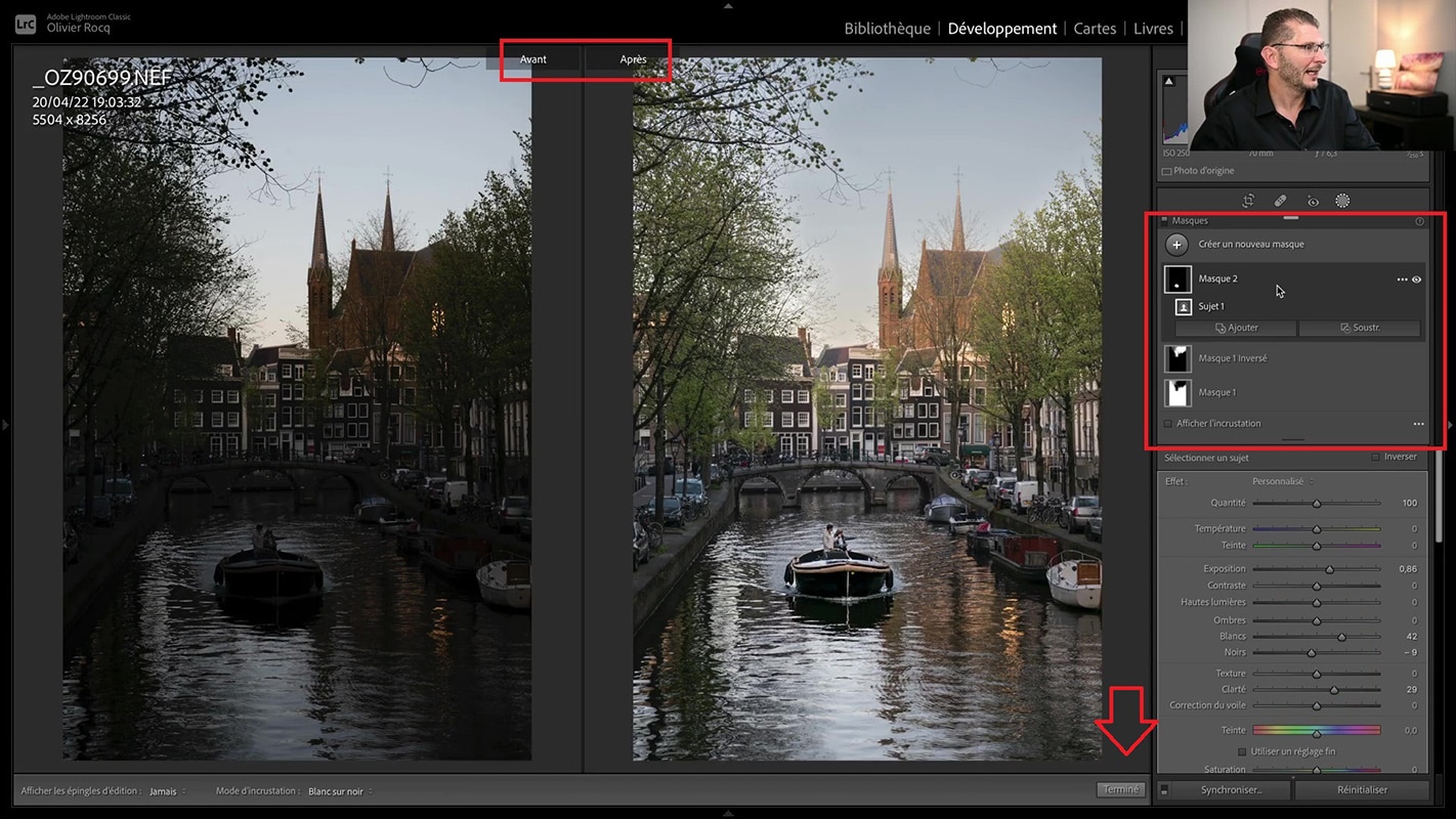 Avant/après les améliorations apportées à une photo avec des masques dans Lightroom 2022