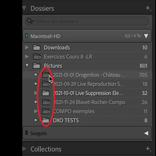 Point d'interrogation à côté des dossiers dan Lightroom