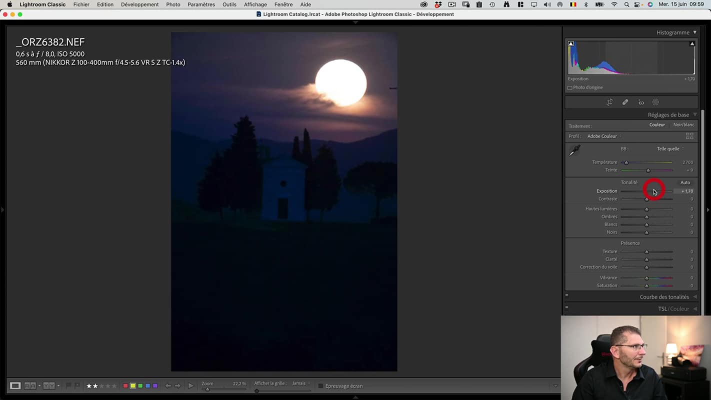 Exposition du paysage avec la lune boostée dans Lightroom