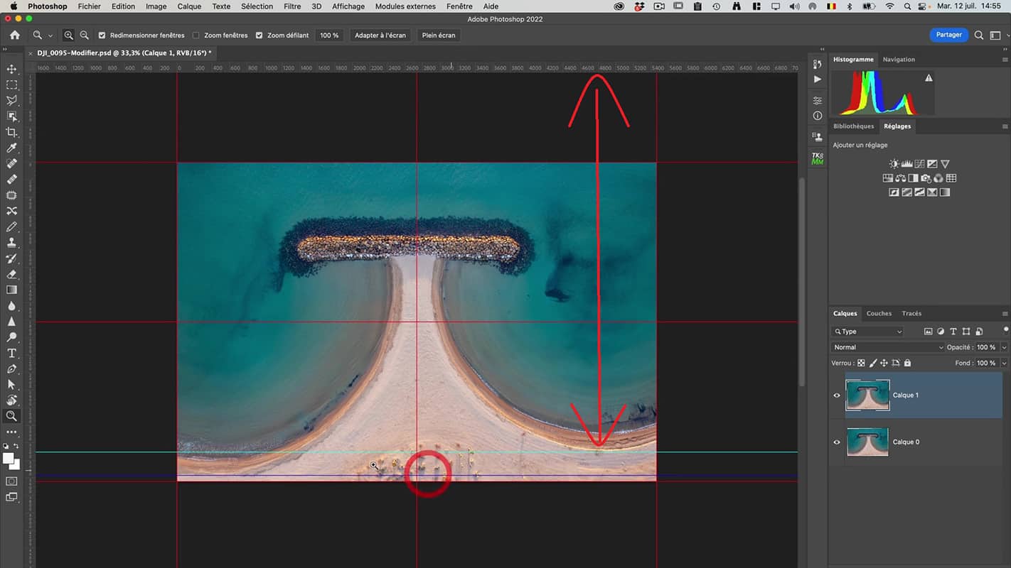 Placement d'un repère manuel dans Photoshop pour la symétrie