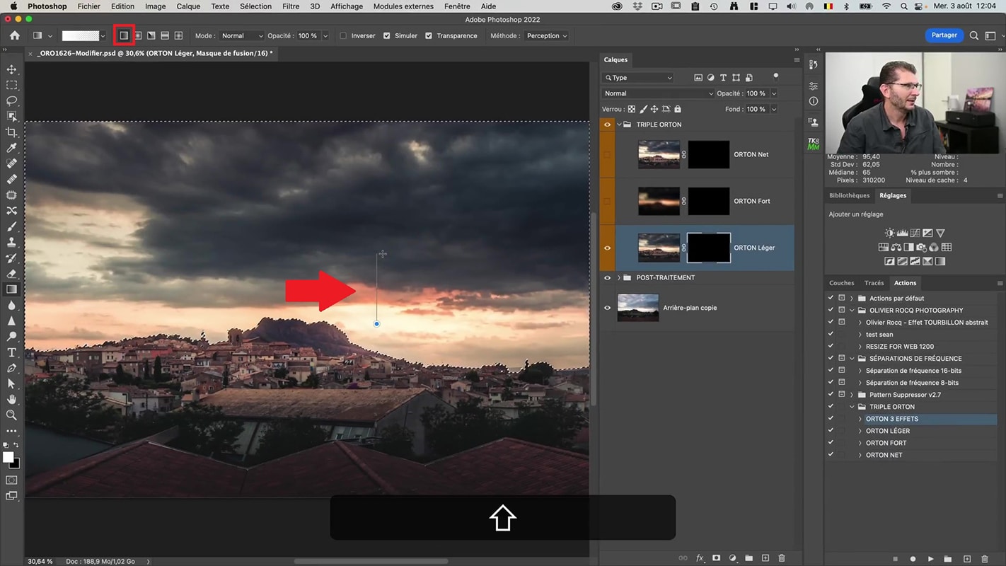 Le dégradé linéaire dans la zone lumineuse du ciel avant application effet Orton dans Photoshop