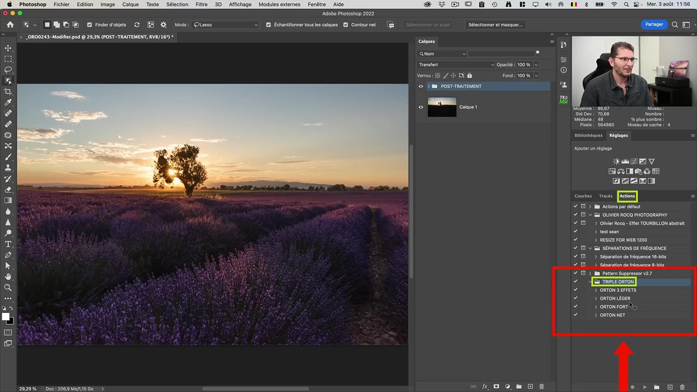 Emplacement du volet pour les actions Photoshop comprenant l'action créée par Olivier Rocq à télécharger