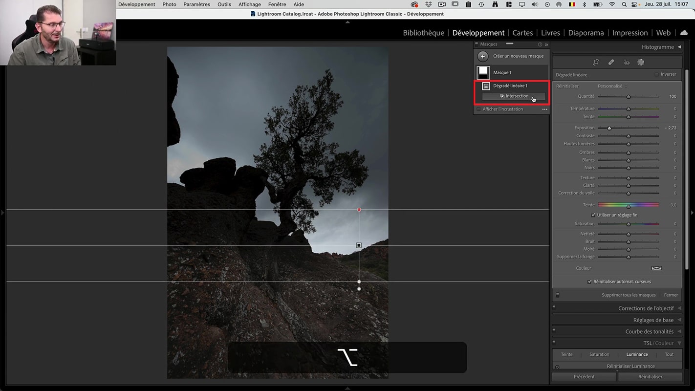 Bouton Intersection dans le dégradé linéaire dans Lightroom