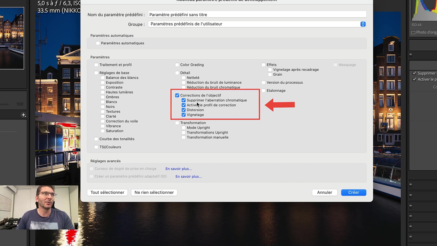 Paramètres de corrections de l'objectif dans les paramètres prédéfinis de Lightroom