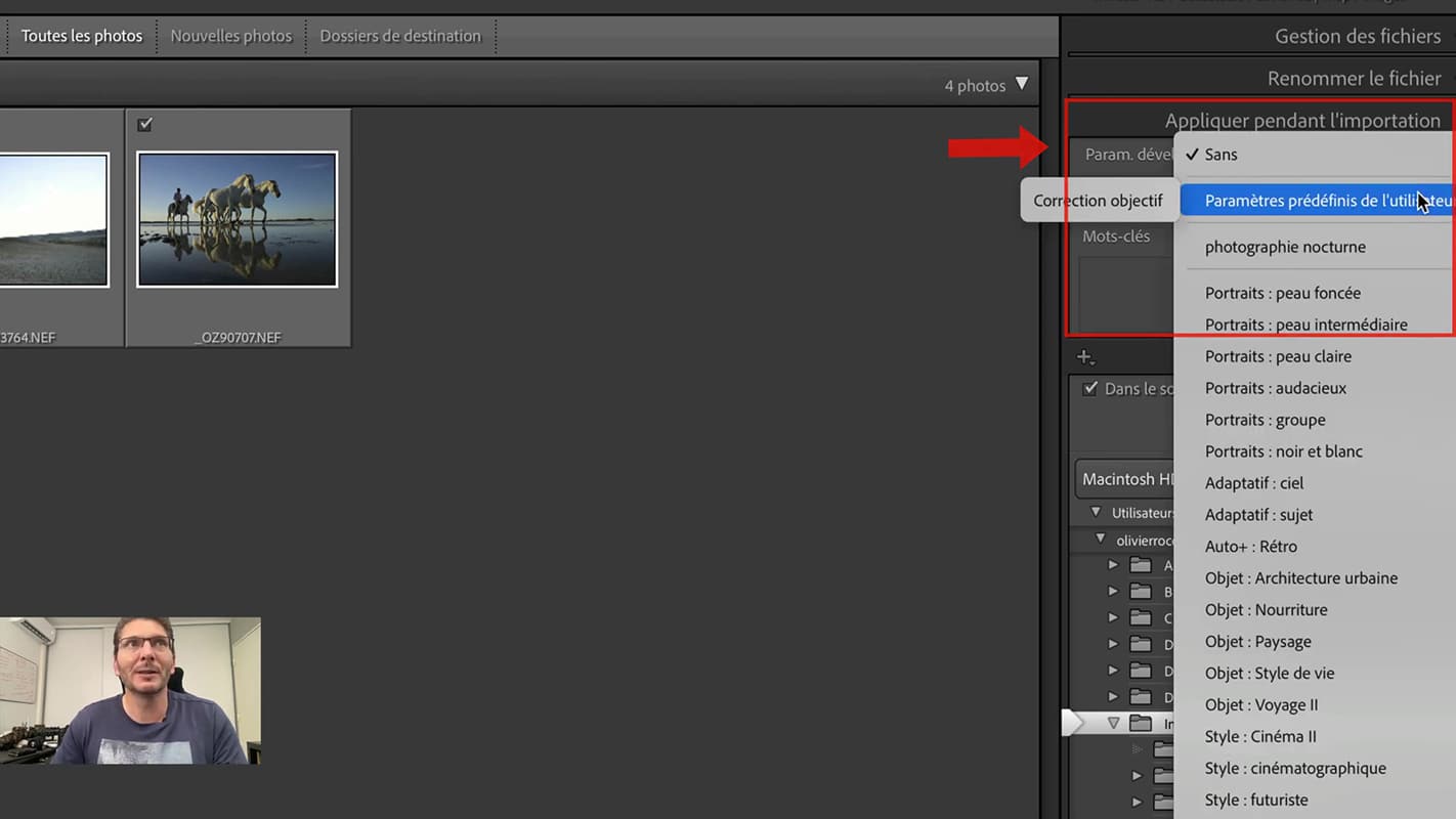 Choix du paramètre prédéfini pour l'importation dans Lightroom