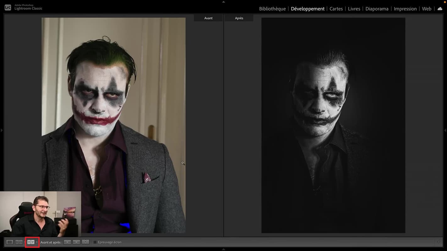 Avant/après traitement dramatique du portrait en noir et blanc dans Lightroom