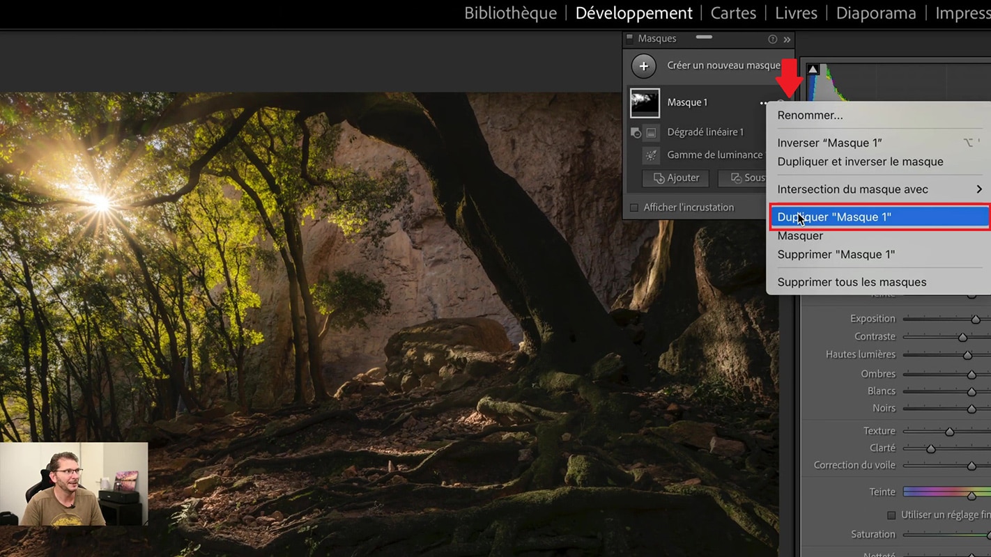 Duplication du masque dans Lightroom pour accentuer l'effet appliquer à celui-ci.