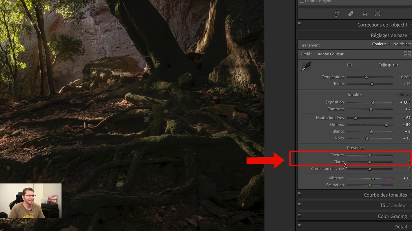 Emplacement des curseurs Texture et Clarté dans Lightroom