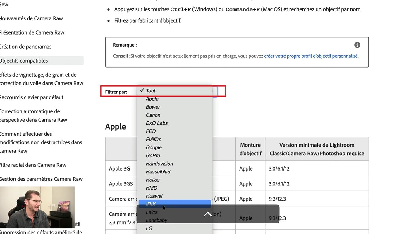 Liste des objectifs compatibles d'Adobe