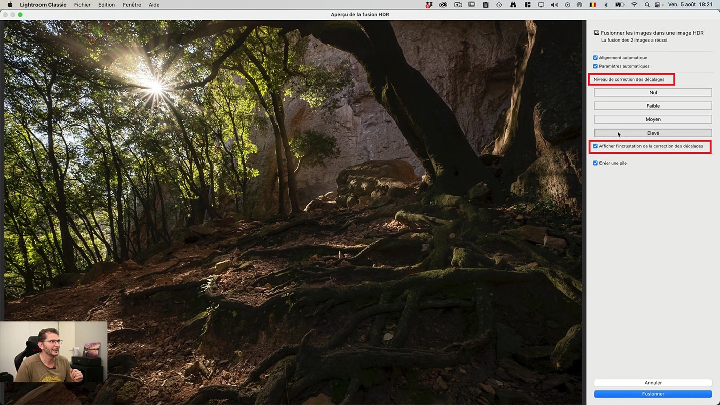 Paramètres de la fusion HDR dans Lightroom