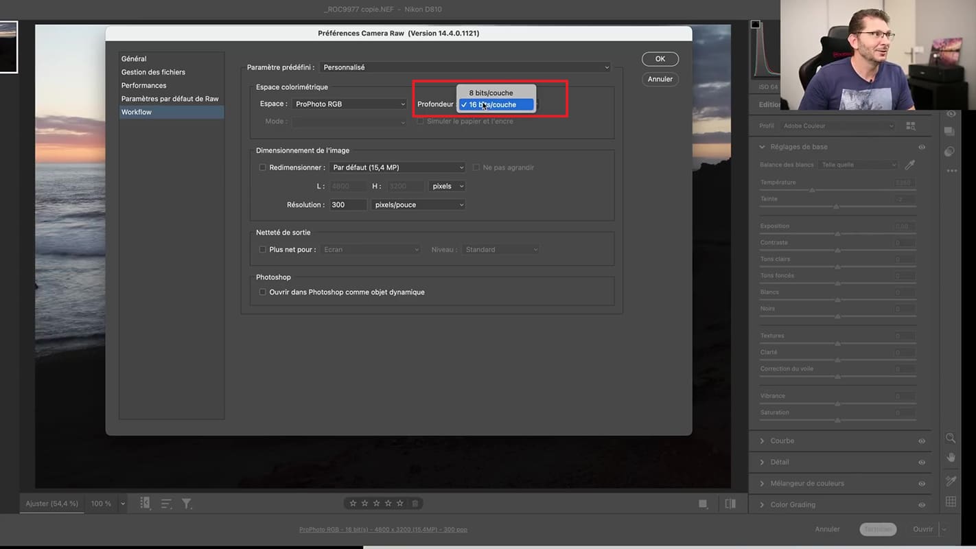 Réglages en 16 bits/couche dans Camera Raw