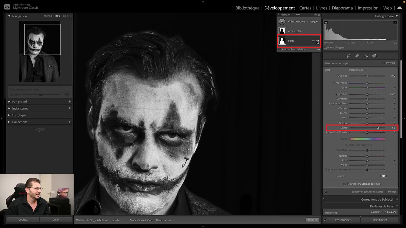 Résultat du curseur Clarté sur le visage en noir et blanc dans Lightroom