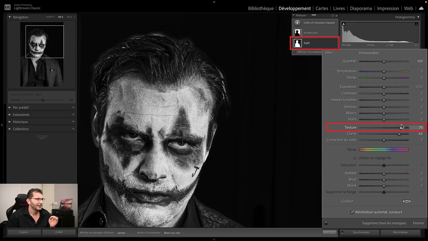 Résultat du curseur Texture sur le visage en noir et blanc dans Lightroom