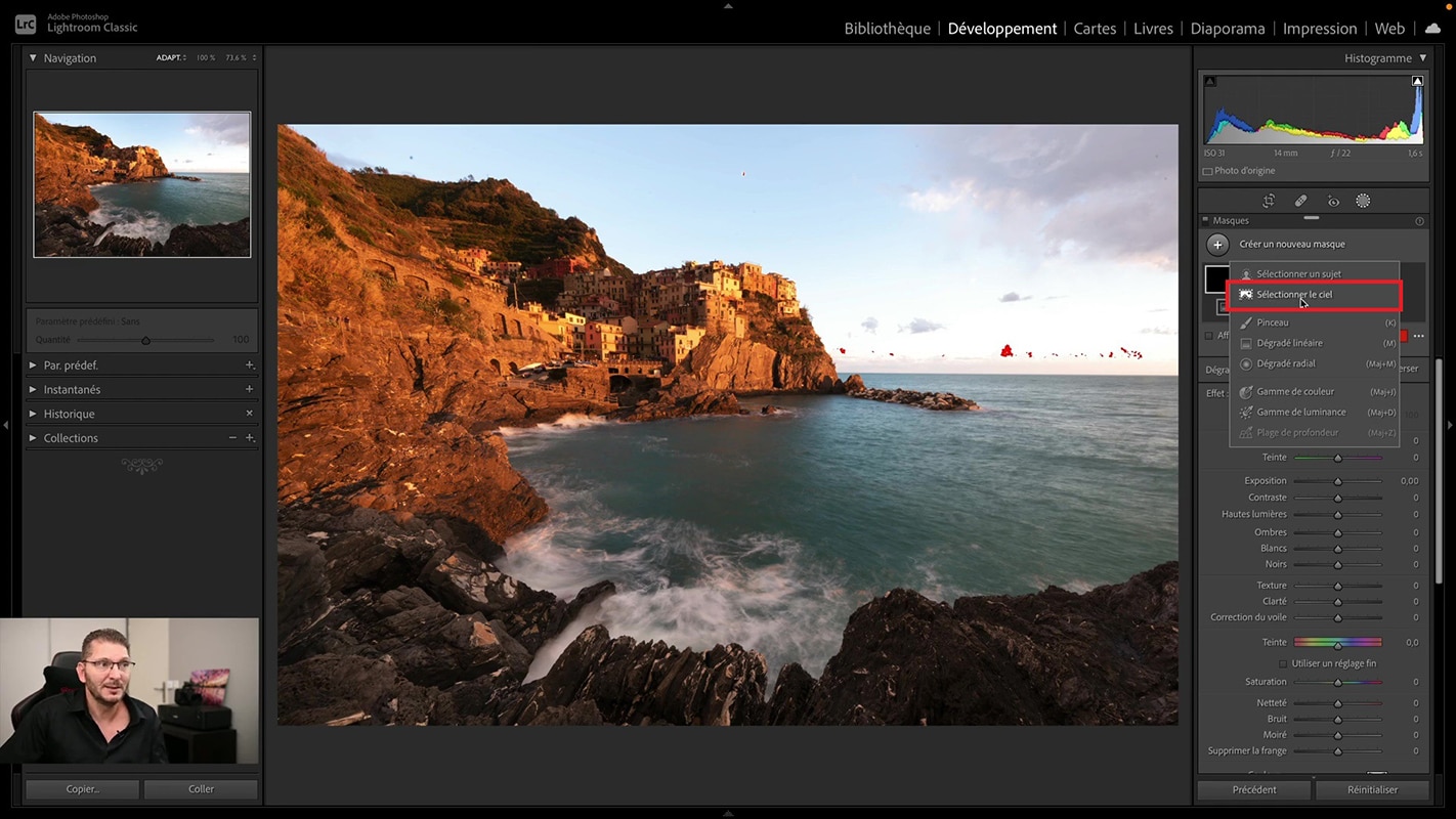 Sélectionner le ciel pour assombrir une image de Vernazza.