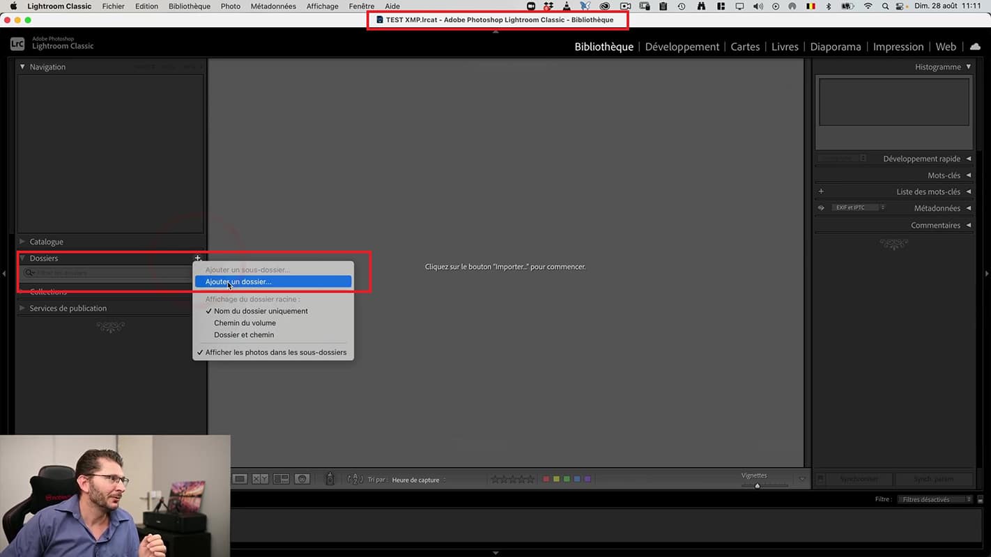 Ajouter un dossier dans un nouveau catalogue dans Lightroom.