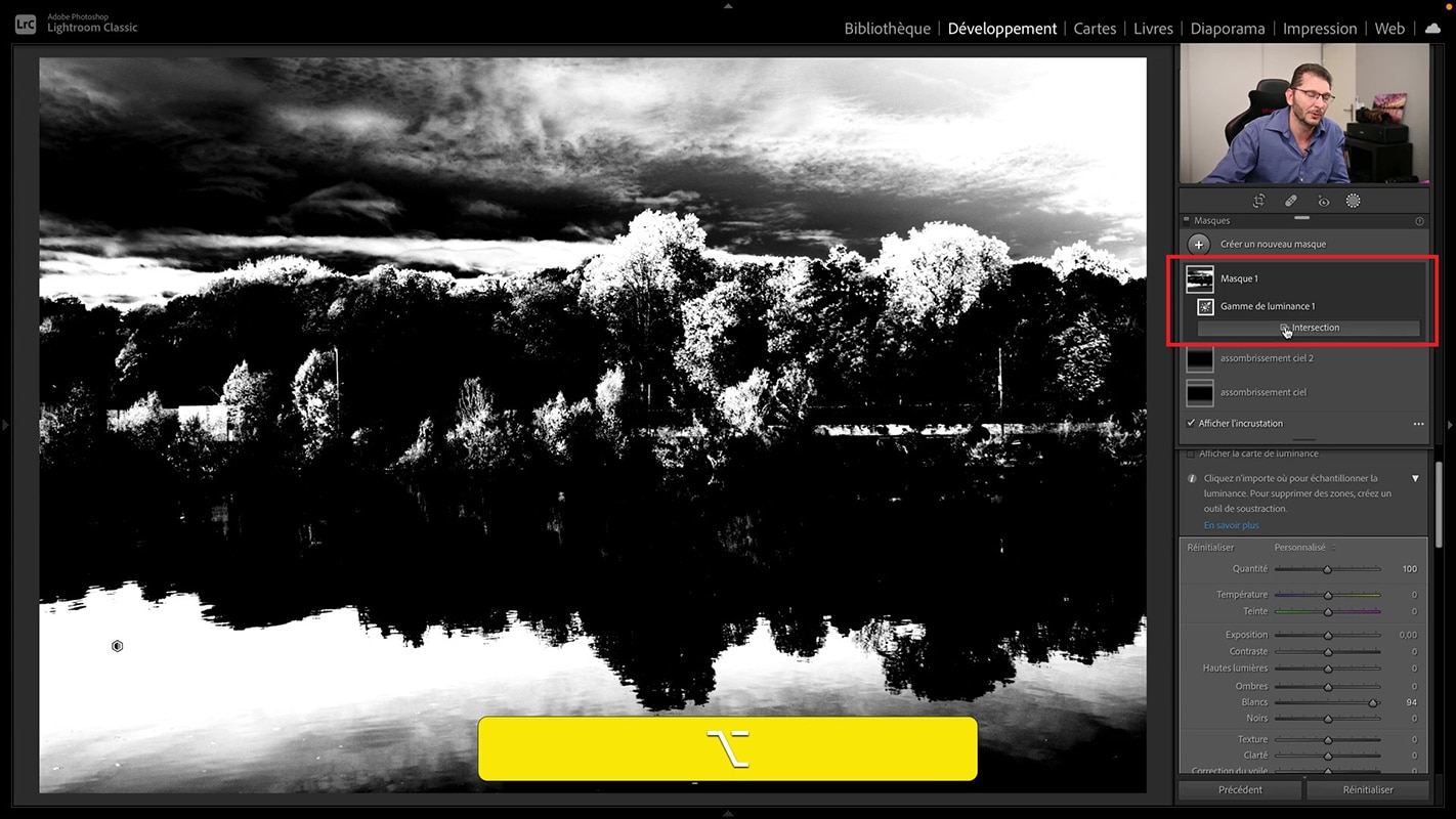 Bouton Intersection de masquage pour le travail au pinceau dans Lightroom.