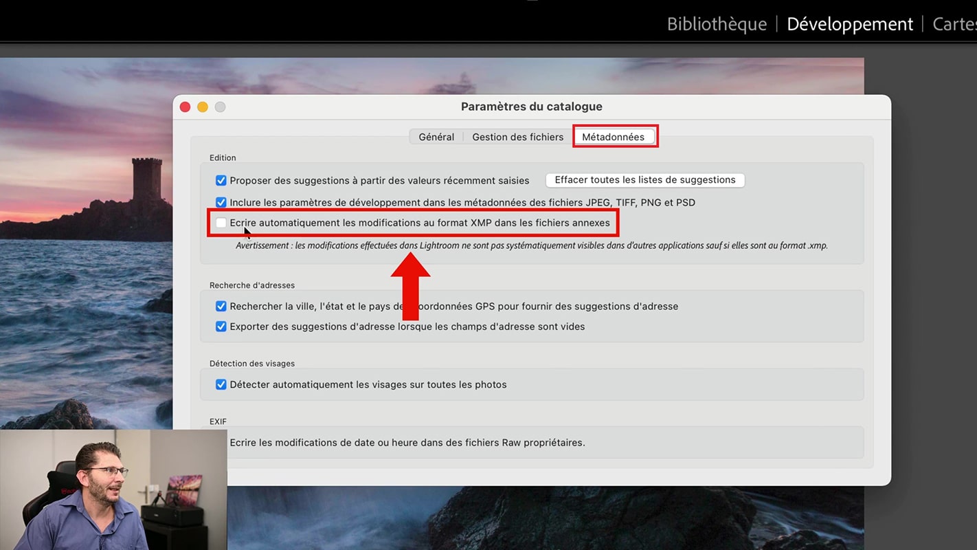 Case à cocher pour création des fichiers XMP dans Lightroom.