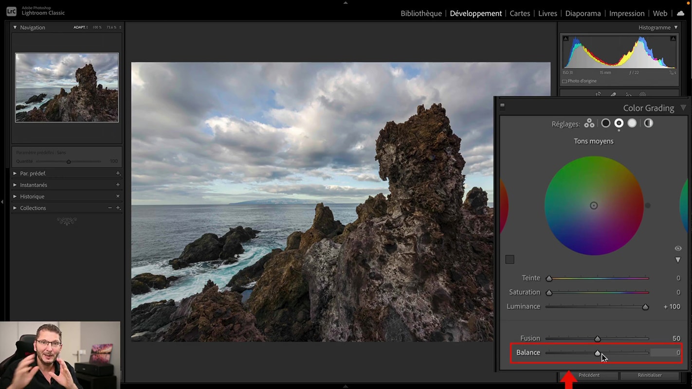 Curseur Balance pour équilibrer la luminosité des tons moyens dans Lightroom.