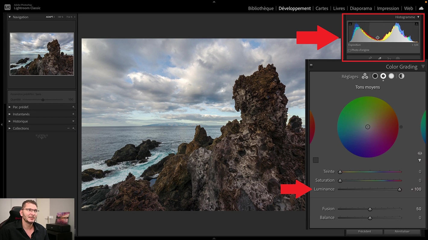 Curseur Luminance pour augmenter la luminosité des tons moyens dans Lightroom.