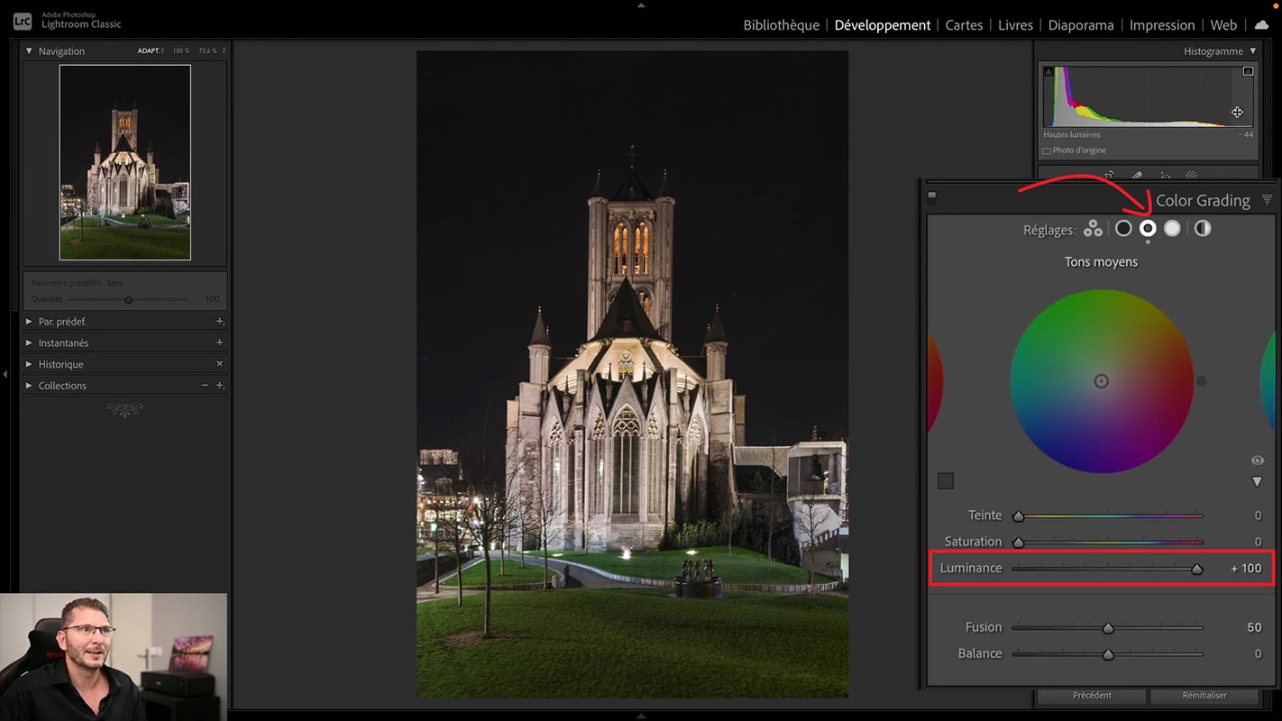 Résultat après application du curseur de luminosité dans Lightroom.