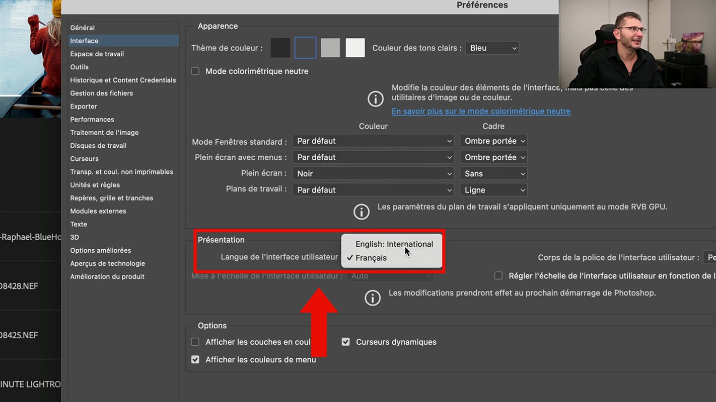 Ajout de l'anglais à la langue de l'utilisateur qui permet de changer dans Photoshop.