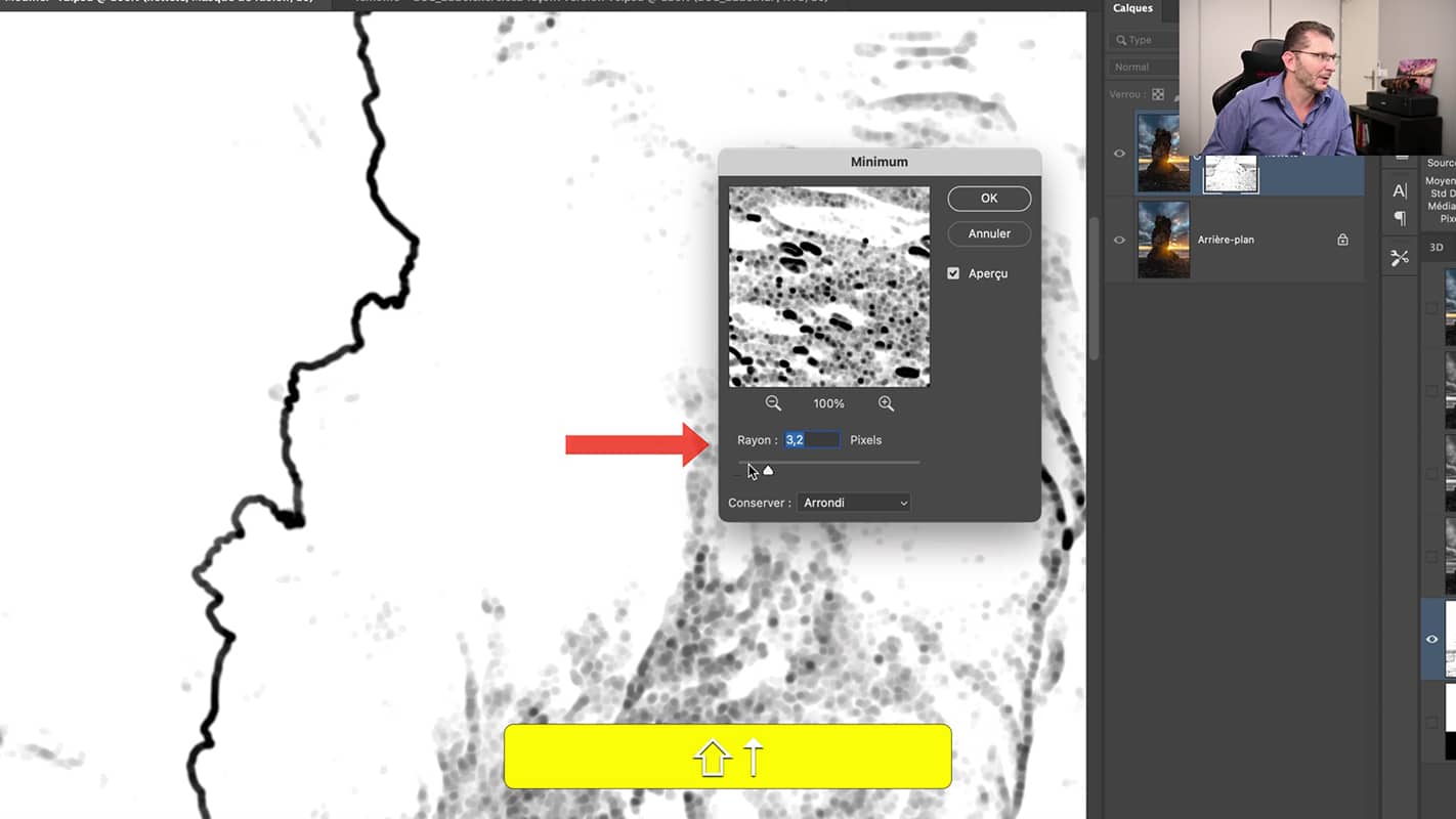 Boîte de dialogue du filtre Minimum dans Photoshop pour épaissir les contours du masque.