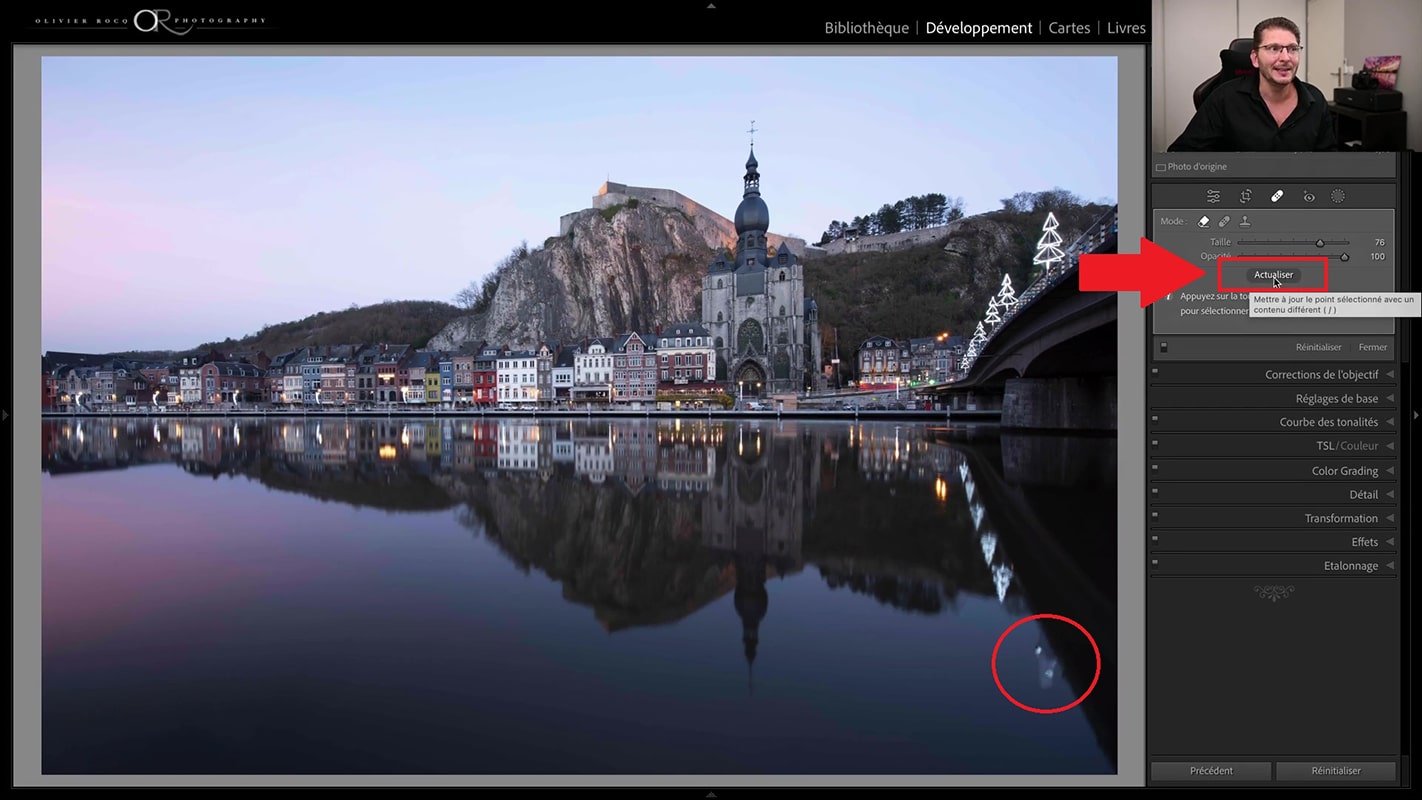 Bouton Actualiser pour les nouveautés de l'outil correcteur de Lightroom 2023 sur la photo de Dinant.