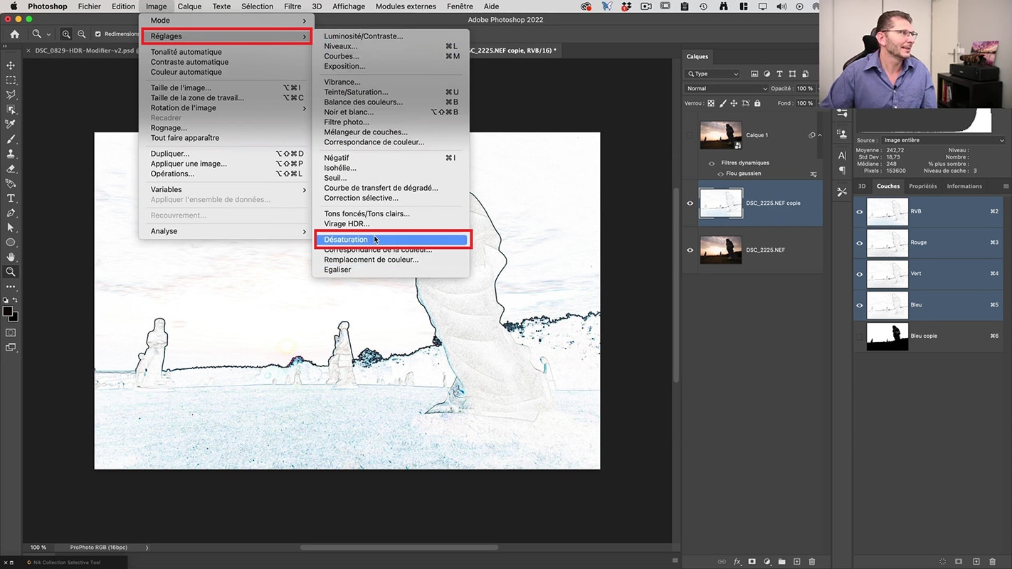 Désaturation du calque pour le futur masque de contours dans Photoshop sur le deuxième exemple.