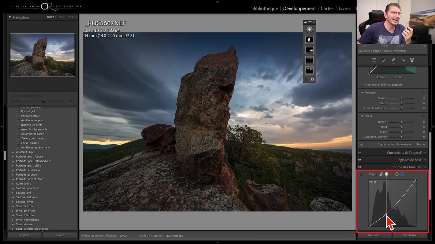 Contraste avec courbe des tonalités dans Lightroom sur une photo de rocher.