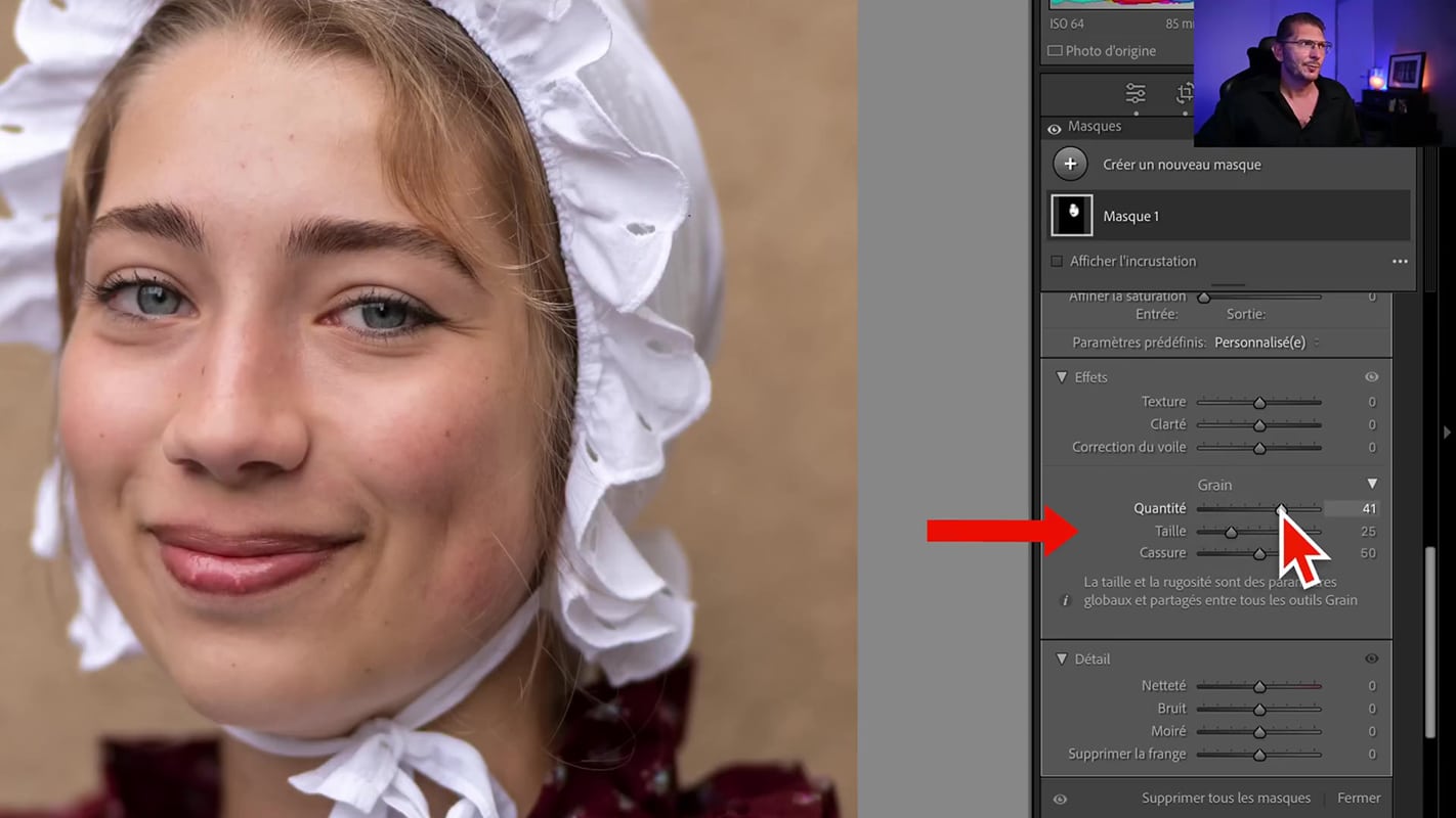 Nouveau curseur Grain parmi les nouveautés de juin 2023 dans Lightroom.