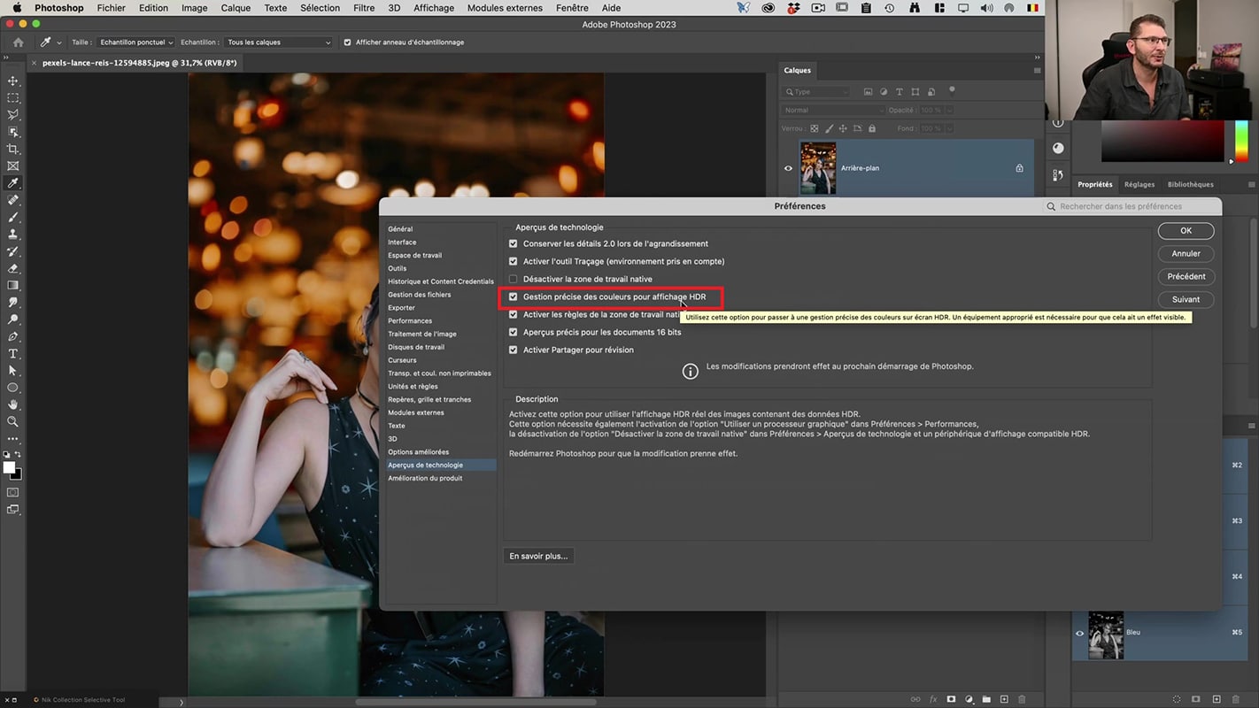 Préférence à activer dans Photoshop pour la prévisualisation en HDR dans les nouveautés de Camera Raw 2023.