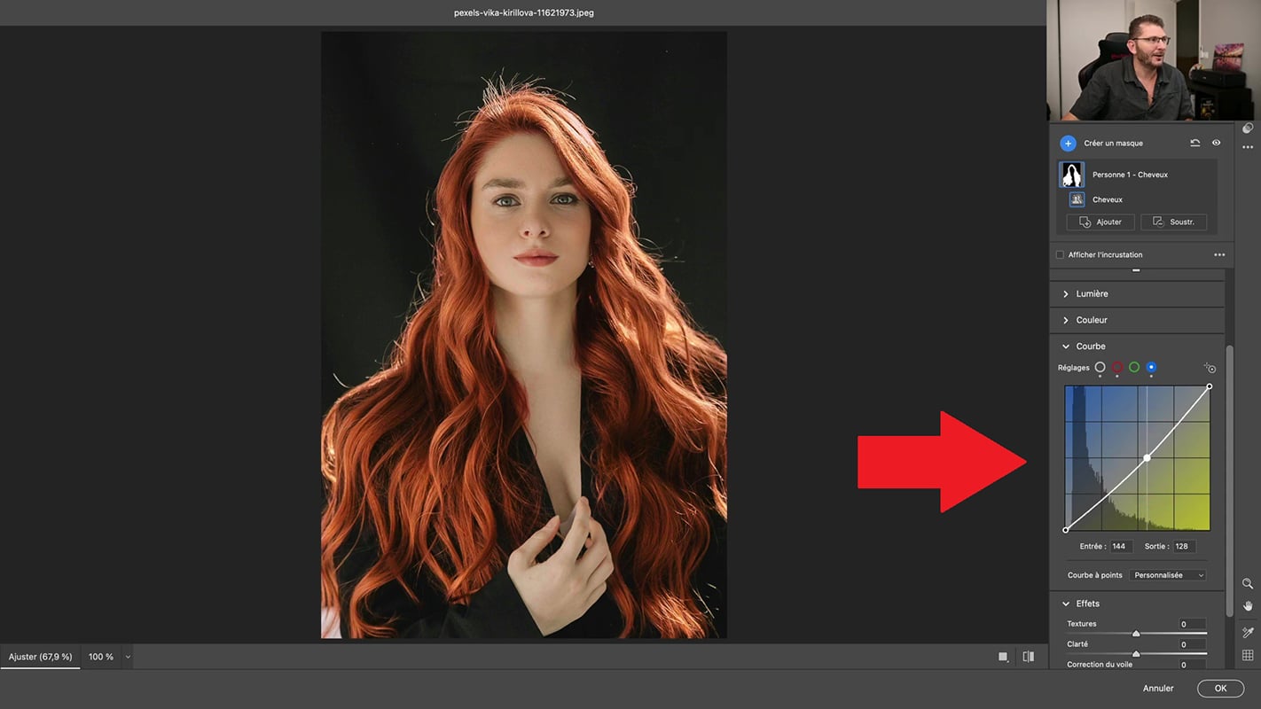 Résultat de la transformation de la couleur des cheveux grâce aux nouveautés 2023 de Camera Raw.