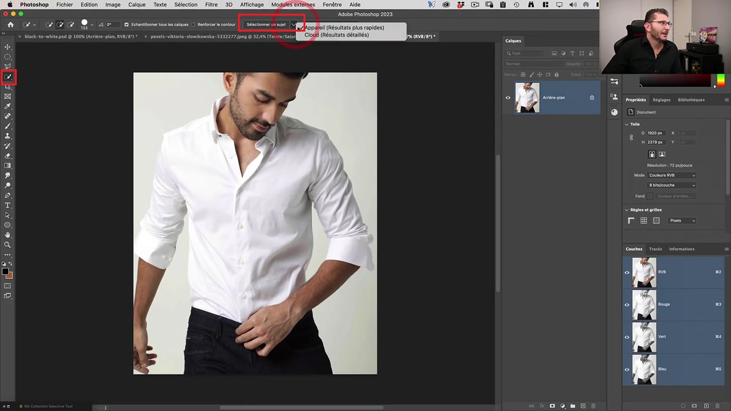 La commande Sélectionner un sujet dans Photoshop pour changer la couleur de la chemise..