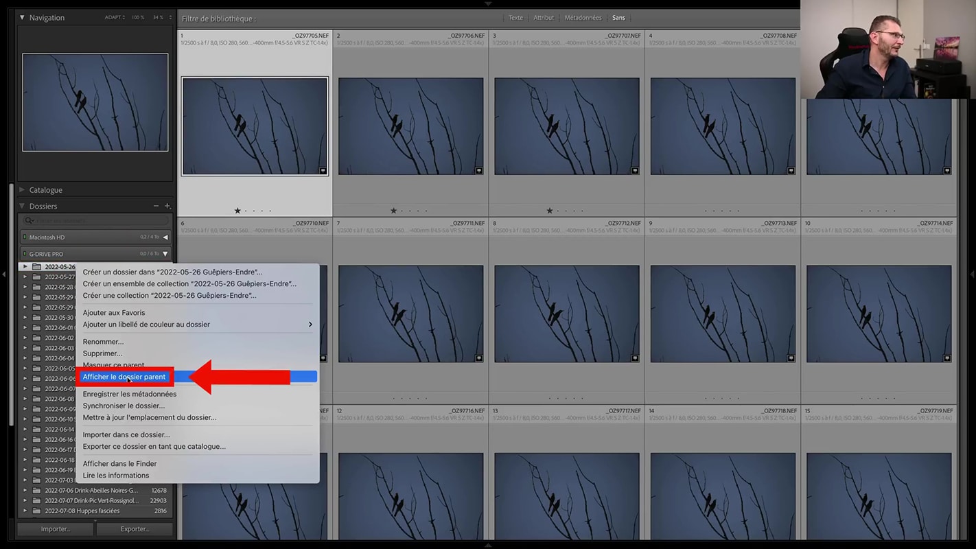 Affichage du dossier parent pour illustrer la maintenance dans Lightroom 2023.