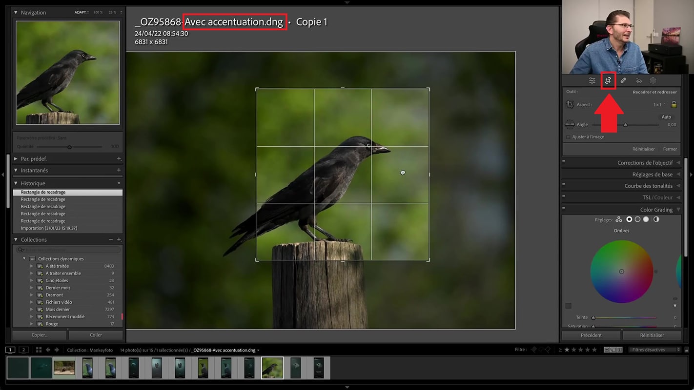 Bouton de recadrage après l'accentuation dans Lightroom 2023.