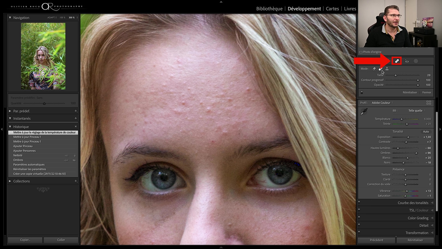 Emplacement de l'outil correcteur dans Lightroom 2022 pour la retouche de peau.