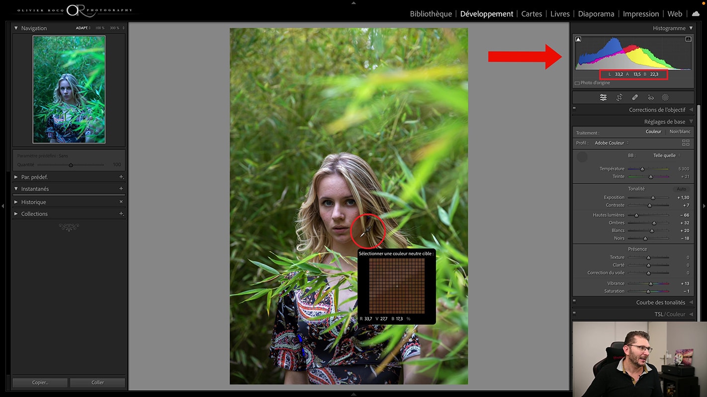 L'outil pipette pour les valeurs LAB afin de modifier la teinte de la peau dans Lightroom 2022 et en faciliter la retouche.