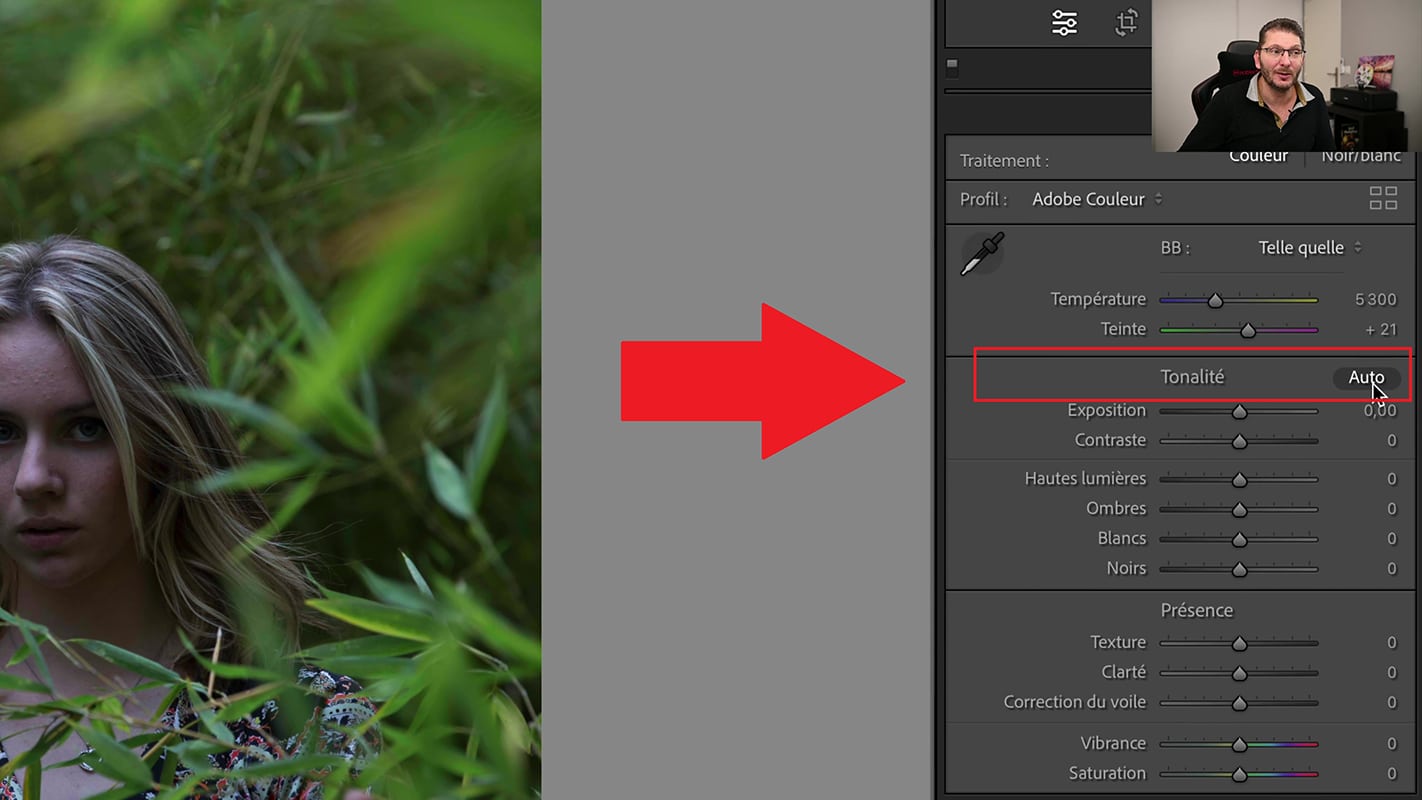 Bouton pour le Traitement de tonalité automatique dans Lightroom 2022.