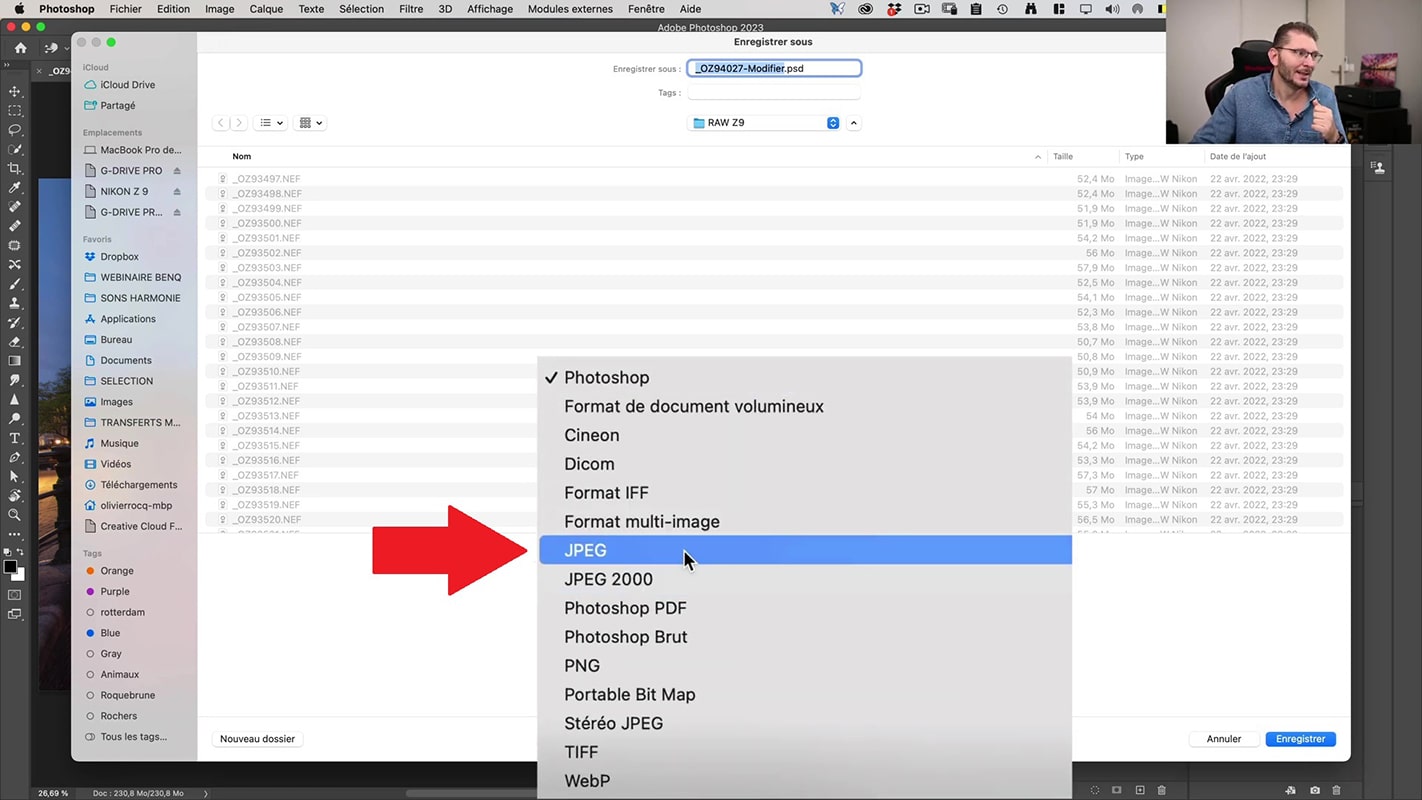 Ajout du format jpeg aux options d'enregistrement dans Photoshop.