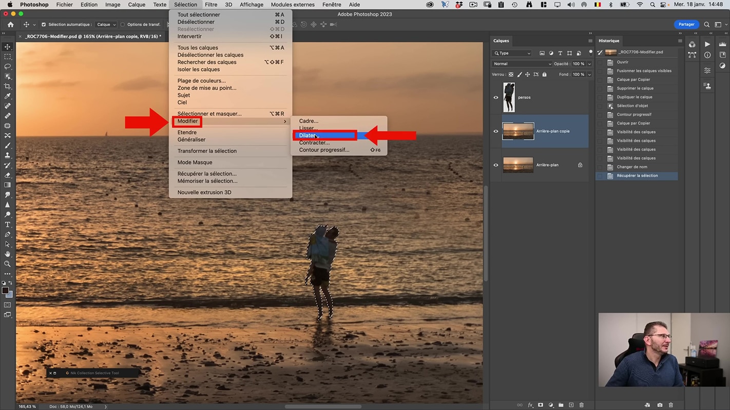 Emplacement de la commande Dilater dans Photoshop.