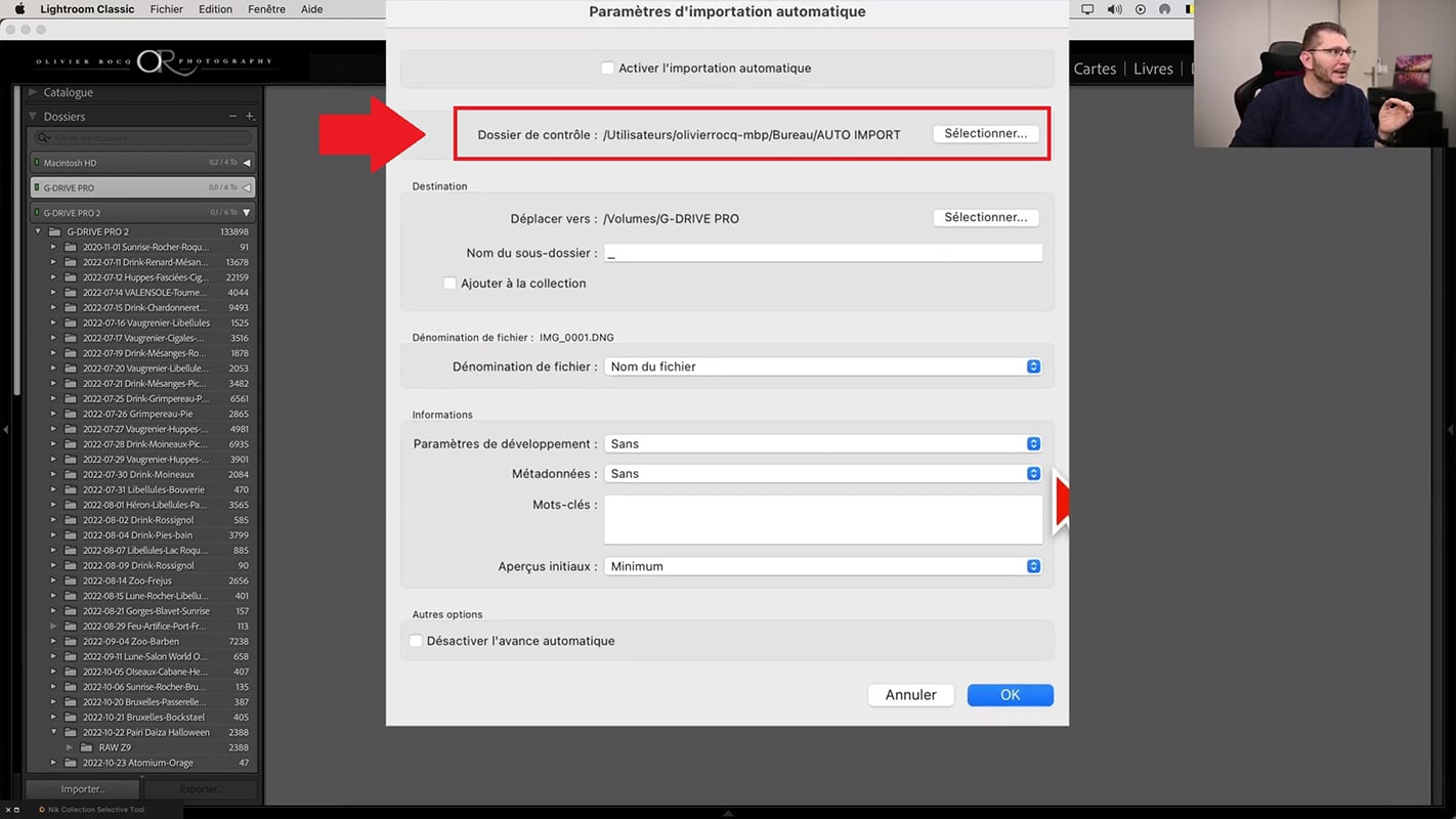 Choix du dossier de contrôle pour l'importation automatique dans Lightroom.