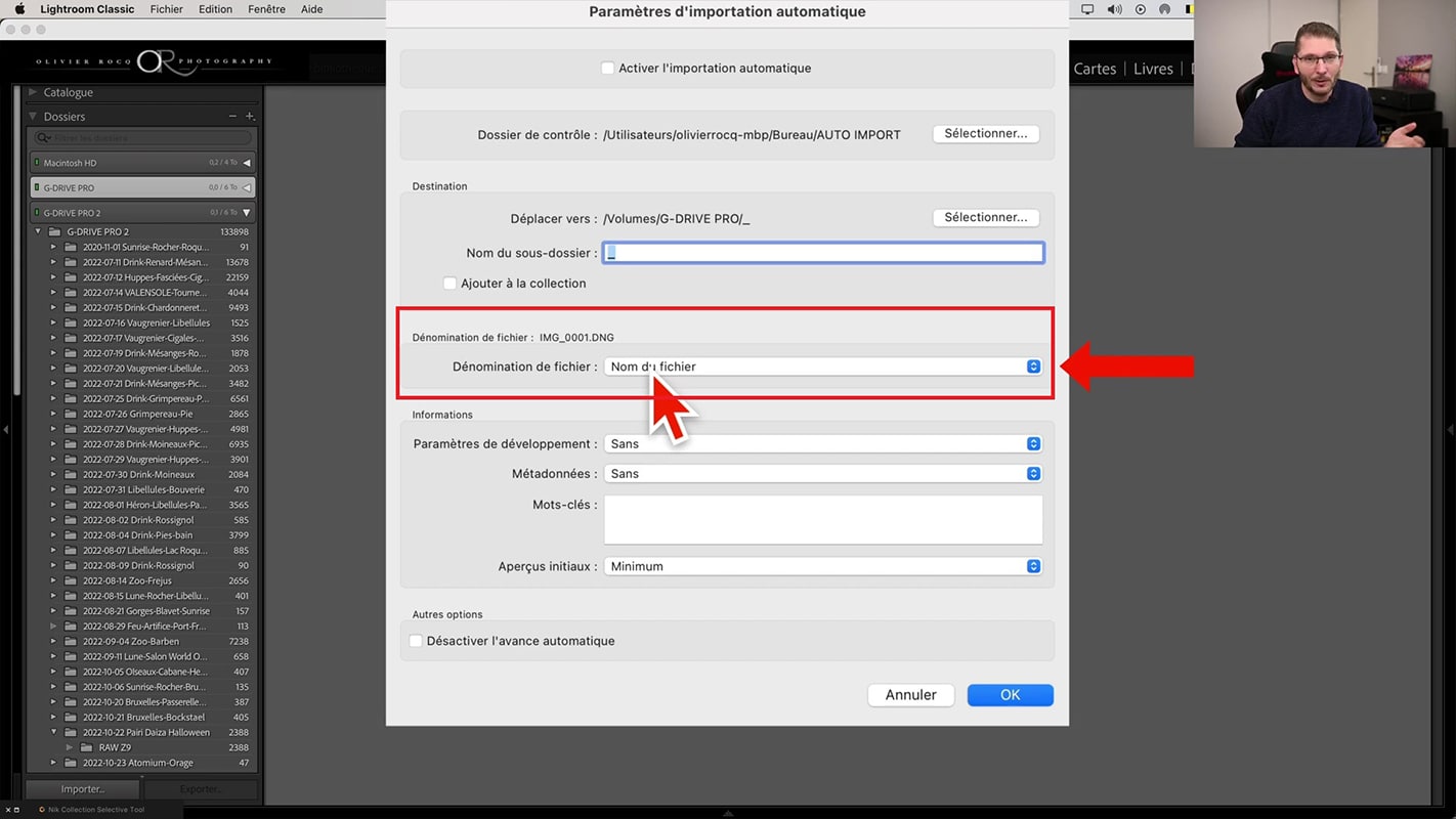 Choix du nom à donner au dossier pour l'importation automatique dans Lightroom.