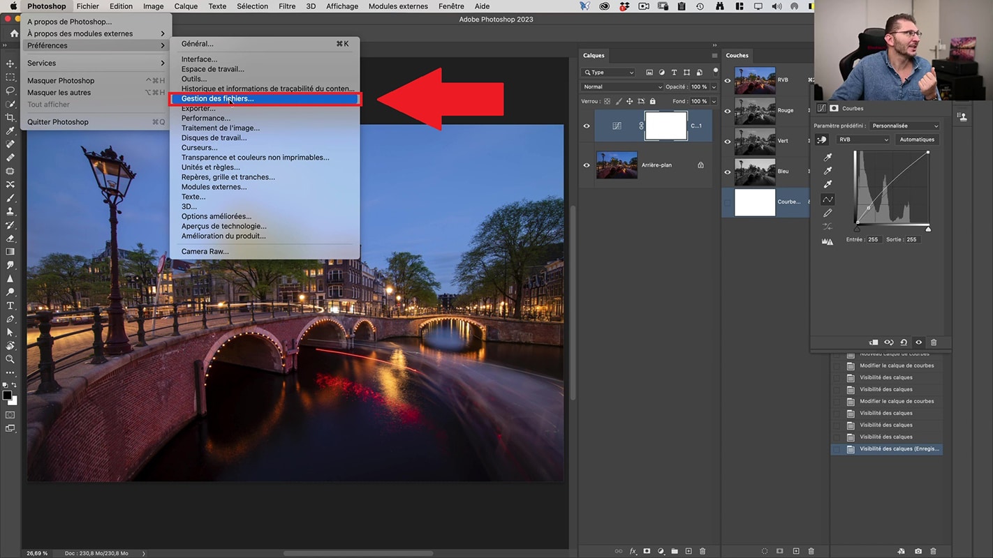 Emplacement dans Photoshop pour la gestion des fichiers afin d'enregistrer au format jpeg.