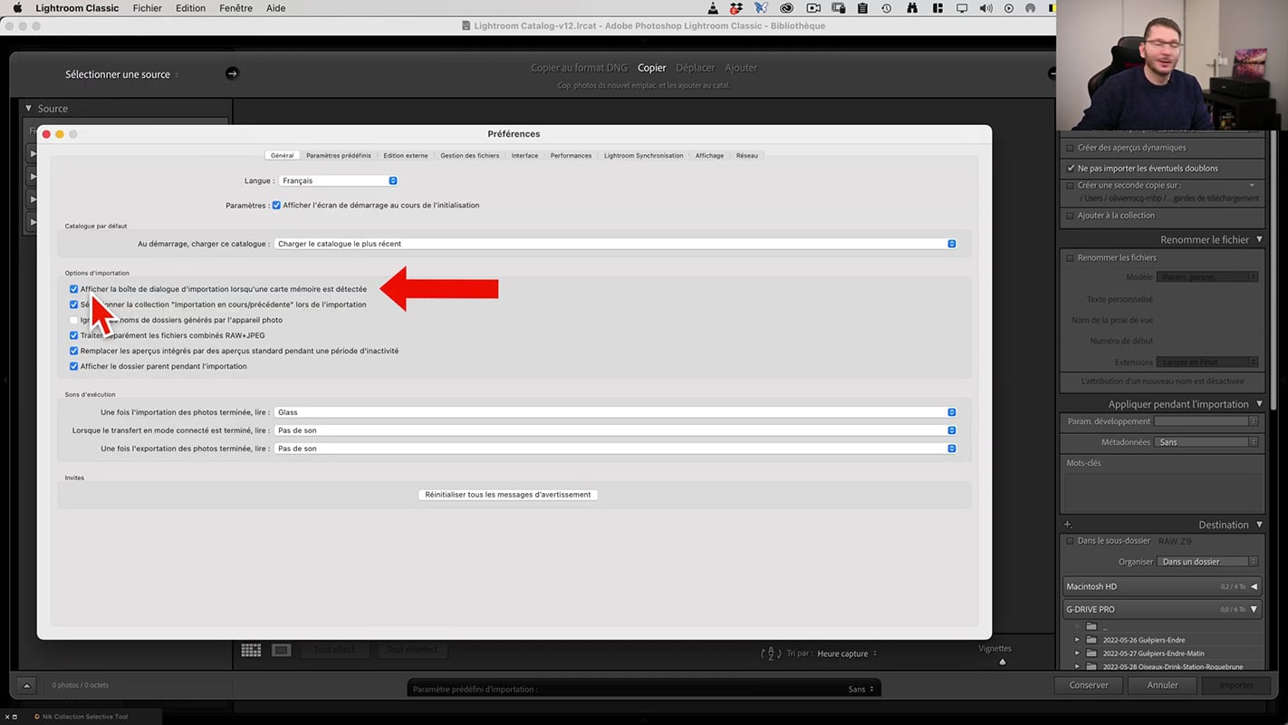 Emplacement pour les préférences d'importation dans Lightroom.