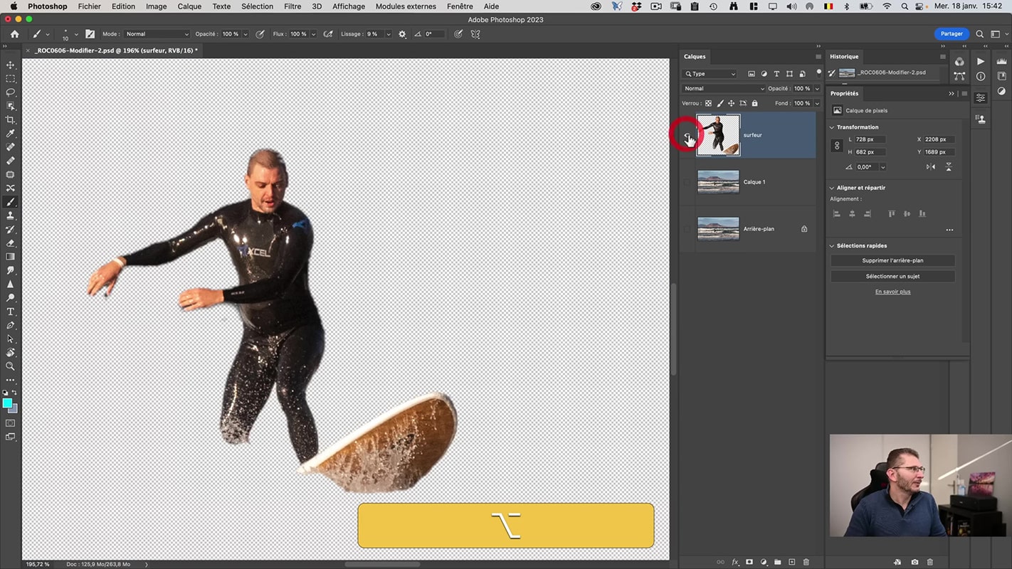 Sélection du surfeur sur son propre calque dans Photoshop.