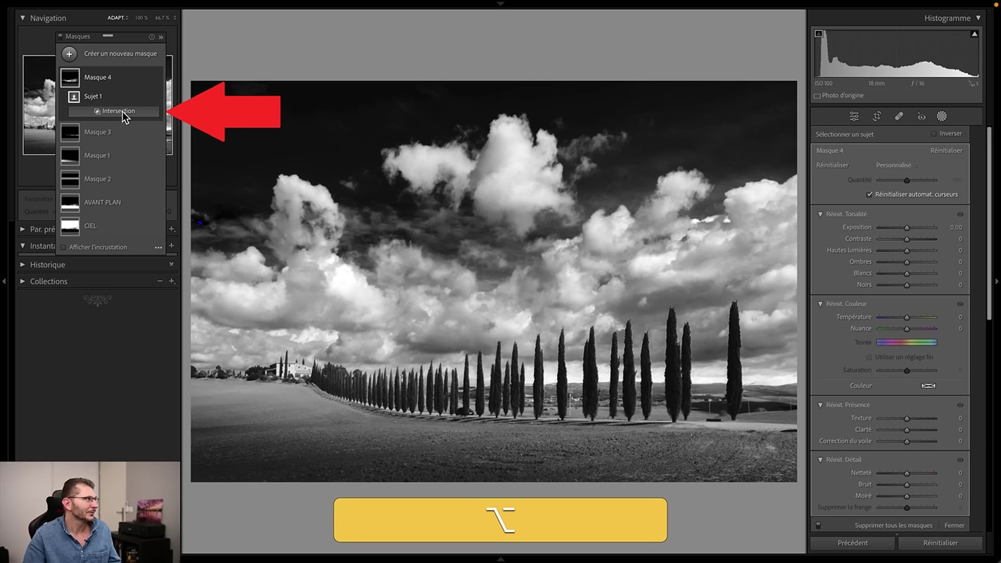 Activation du bouton Intersection sur la photo de paysage en noir et blanc dans Lightroom.