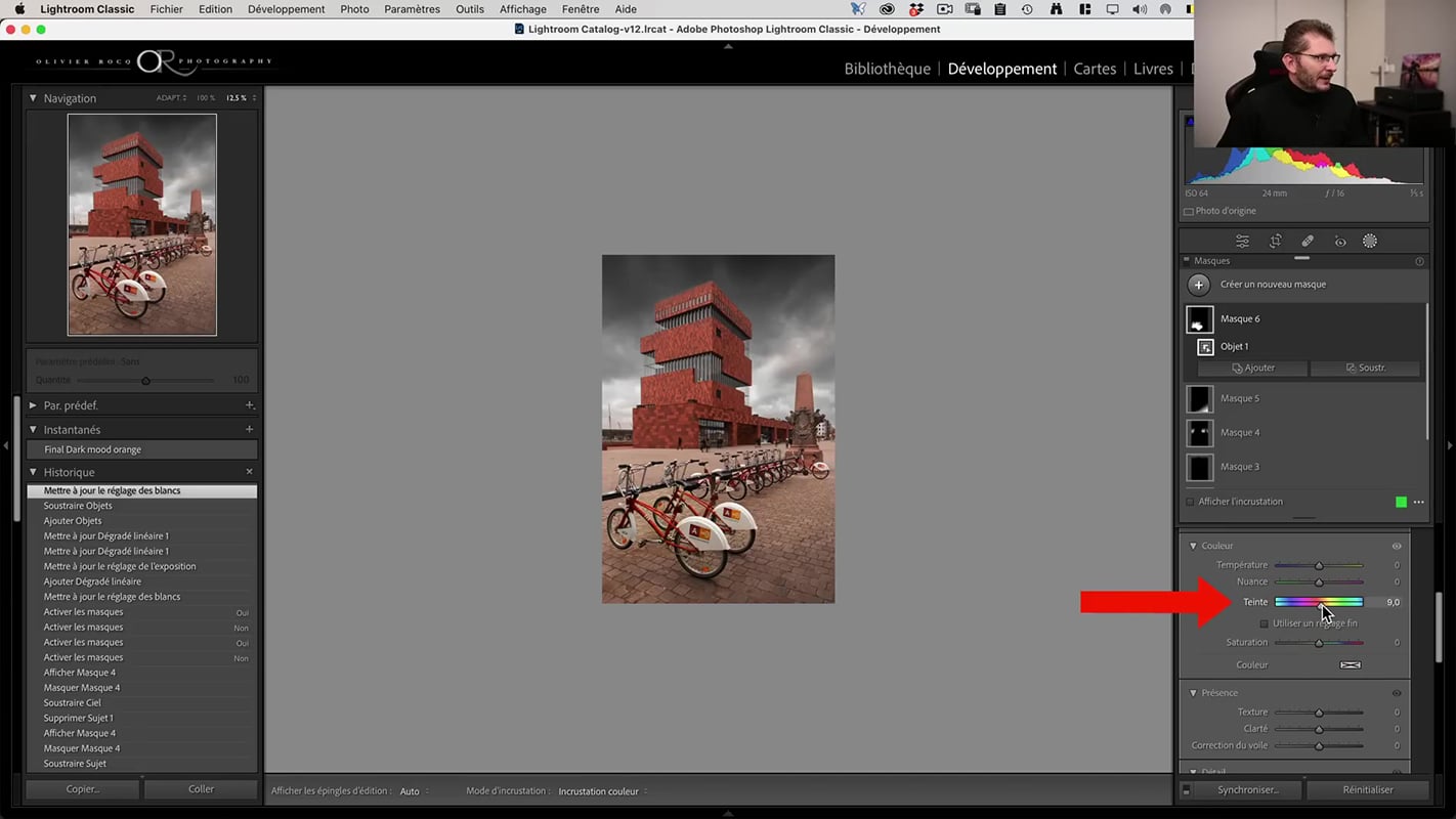 Changement de teinte des vélos dans Lightroom afin d'appliquer le style Dark Moody Orange.