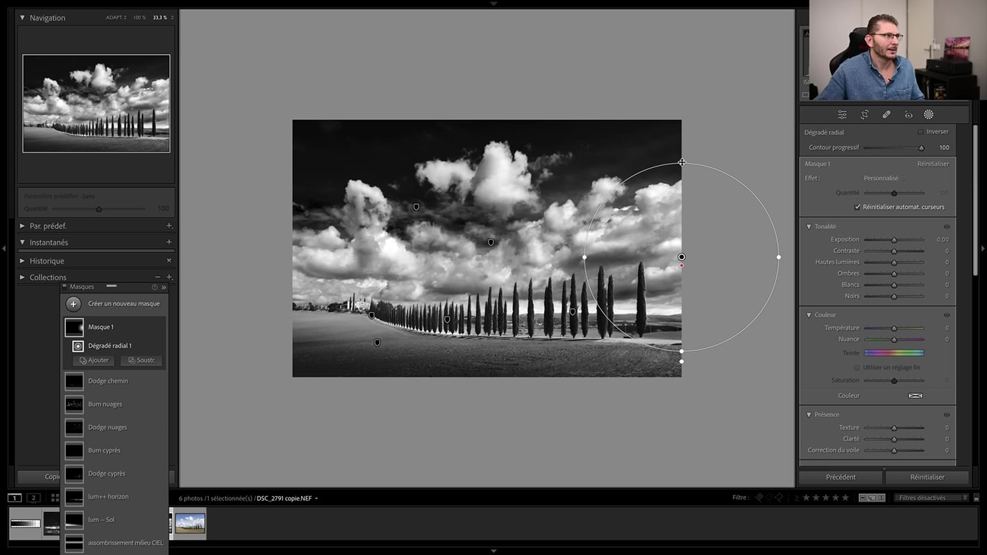 Création d'une lumière diffuse pour le paysage en noir et blanc dans Lightroom.